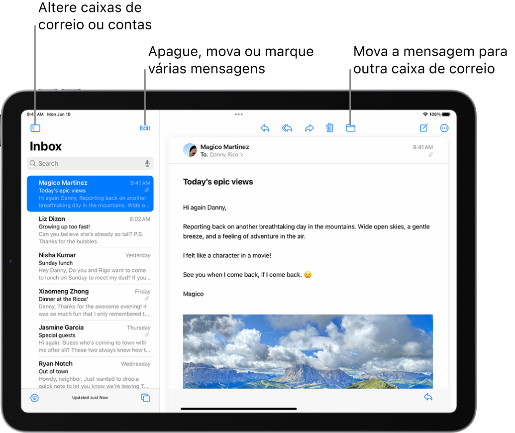 Caixa de Entrada do Mail, com a lista de e‑mails à esquerda e um e‑mail aberto à direita.