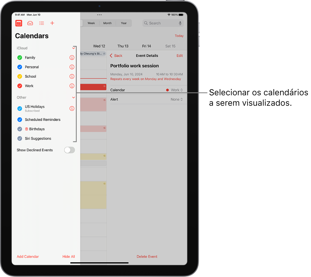 A lista Calendários, com tiques que indicam quais calendários estão ativos. O botão OK, para fechar a lista, está no canto superior direito. O botão Adicionar Calendário encontra-se no canto inferior esquerdo.