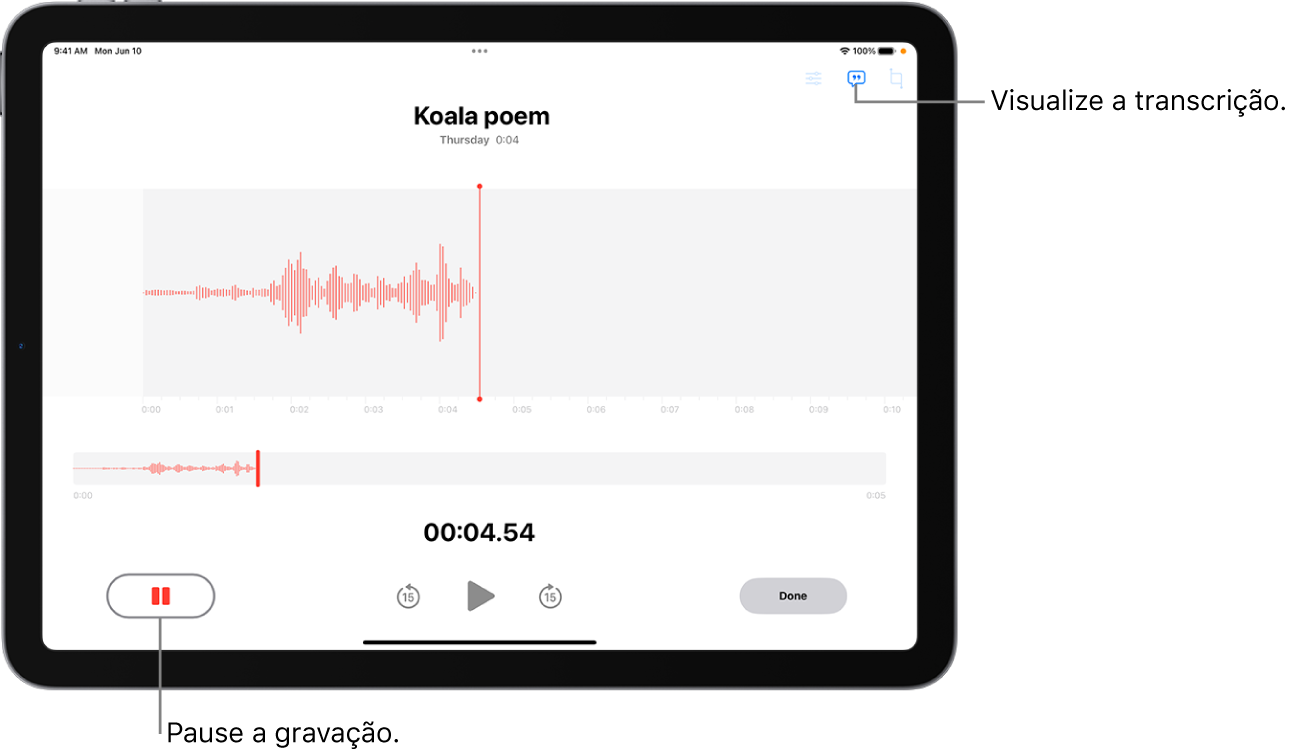 Uma gravação no app Gravador, mostrando a forma de onda da gravação que está em andamento, além de um indicador de tempo, um botão para pausar a gravação e um botão para visualizar a transcrição.