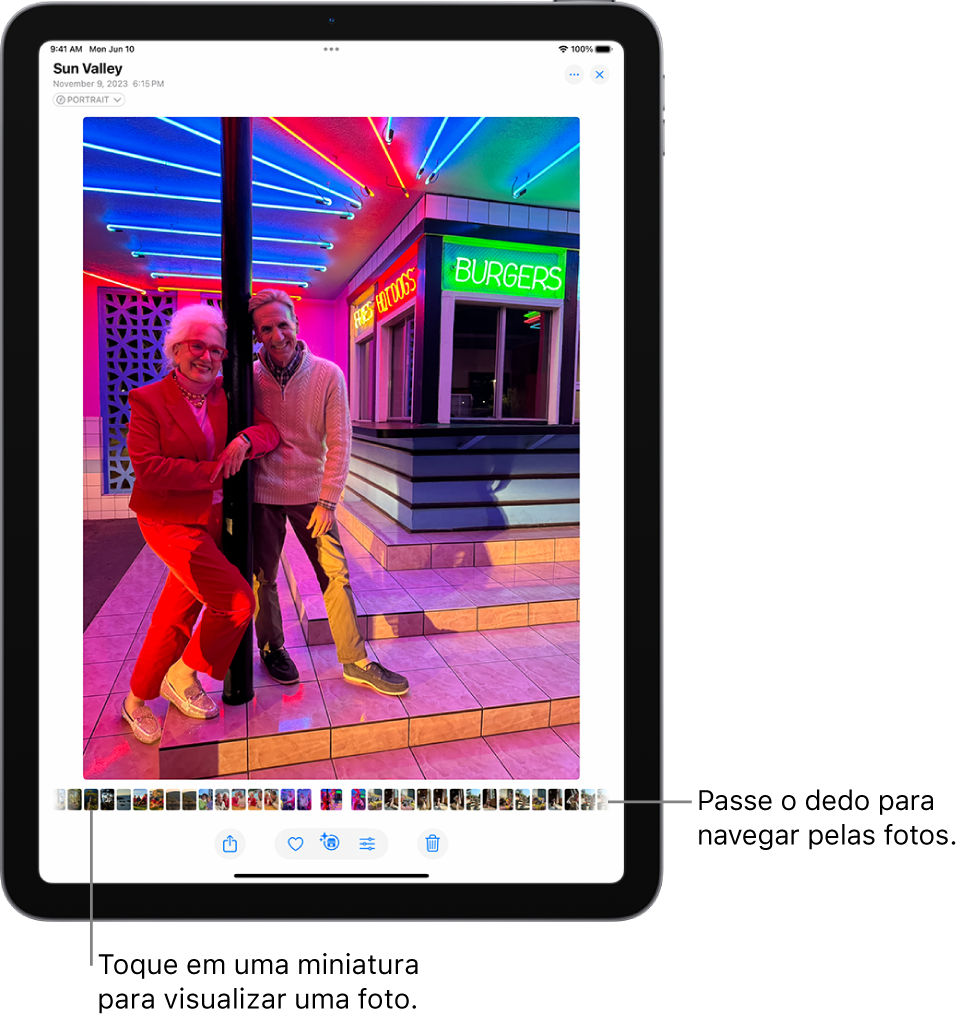 App Fotos mostrando uma foto em tela cheia. Na parte inferior da tela, as miniaturas de outras fotos na fototeca.
