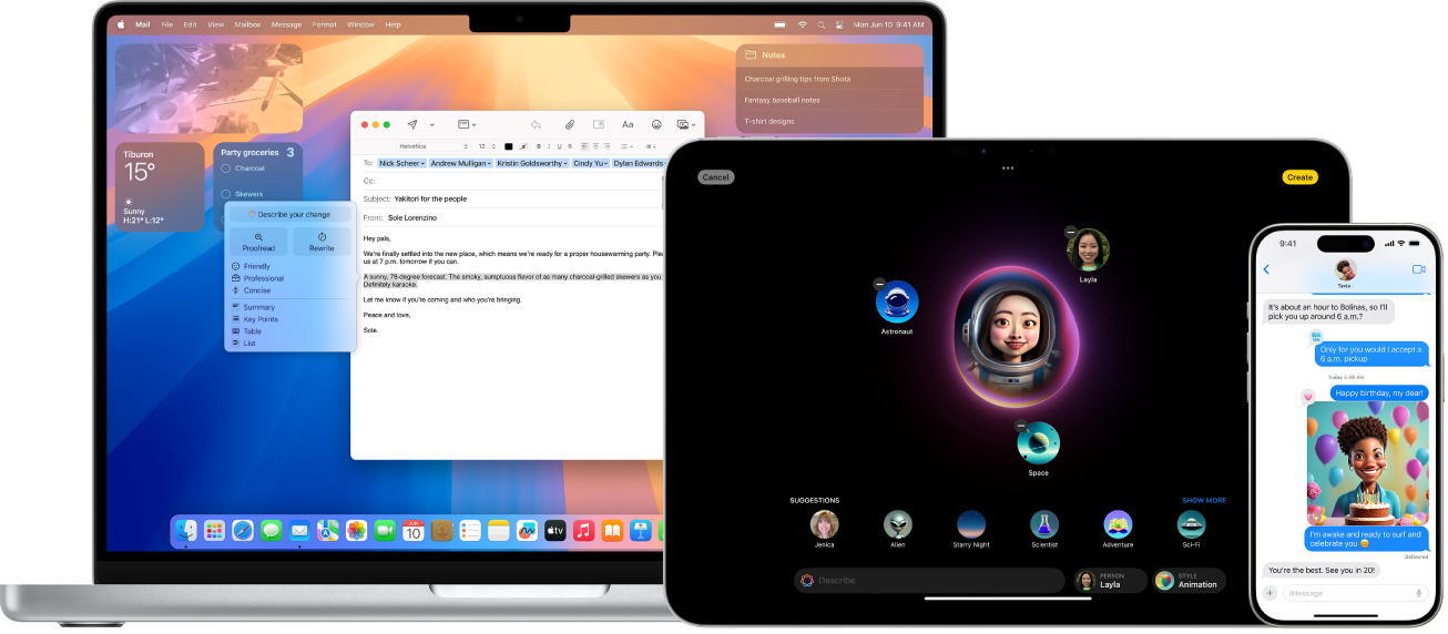 Da esquerda para a direita, um Mac mostra “Ferramentas de escrita” usadas num e-mail, o iPad mostra “Image Playground” e um iPhone mostra um “Genmoji” como parte de uma conversa.