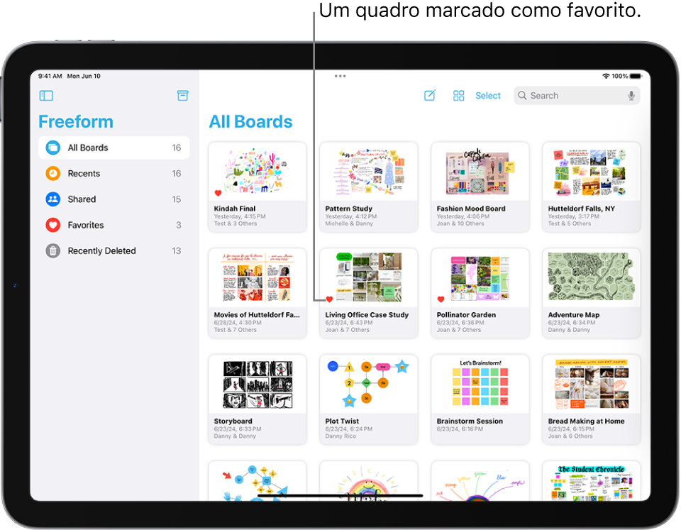 O Freeform está aberto no iPad. A opção Todos os quadros está selecionada na barra lateral e aparecem miniaturas de quadros à direita.