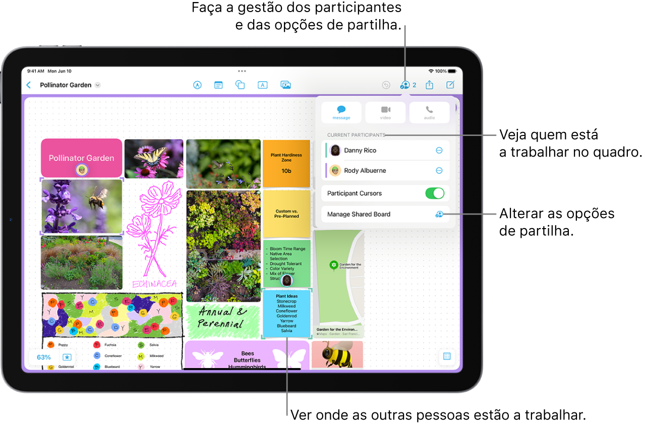 Um quadro Freeform partilhado no iPad com o menu de colaboração aberto e a localização de outro participante no quadro marcado com vistos roxos.