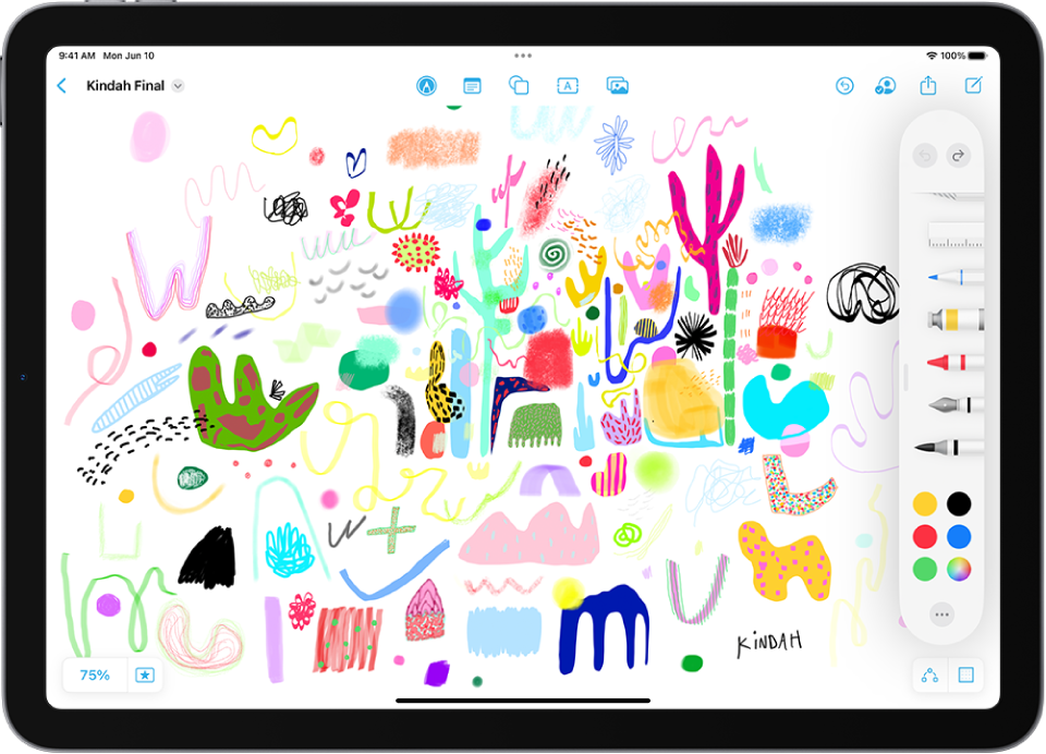 Um iPad com a aplicação Freeform e o menu de ferramentas de desenho aberto. O quadro inclui escrita e desenhos.