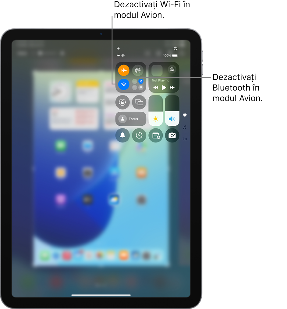 Centrul de control de pe iPad indicând că modul Avion este activat. Butoanele pentru dezactivarea conexiunilor Wi-Fi și Bluetooth se află în apropierea colțului din stânga sus al centrului de control. Apăsați pe pictograma Bluetooth pentru a dezactiva Bluetooth în modul Avion. Apăsați pe pictograma Wi-Fi pentru a dezactiva Wi-Fi în modul Avion.