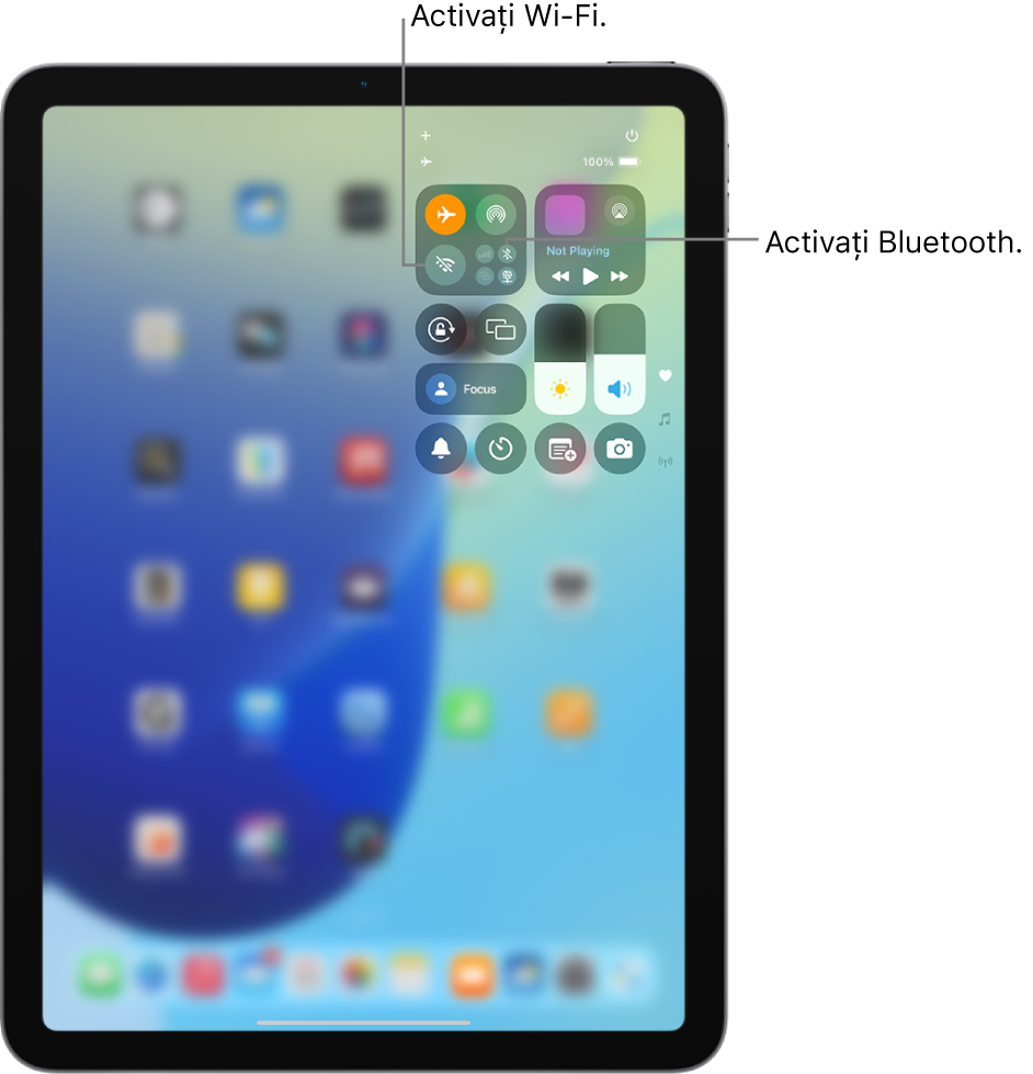 Centrul de control de pe iPad indicând că modul Avion este activat. Butoanele pentru activarea conexiunilor Wi-Fi și Bluetooth se află în apropierea colțului din stânga sus al centrului de control.