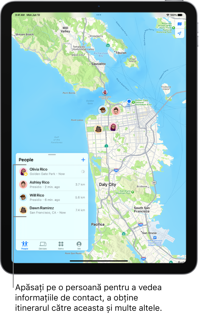 Ecranul Găsire deschis în lista Persoane. Există patru persoane în listă: Maria Raicu, Olivia Raicu, Dana Zamfirescu și Adrian Raicu. Localizările lor sunt afișate pe o hartă a orașului San Francisco.