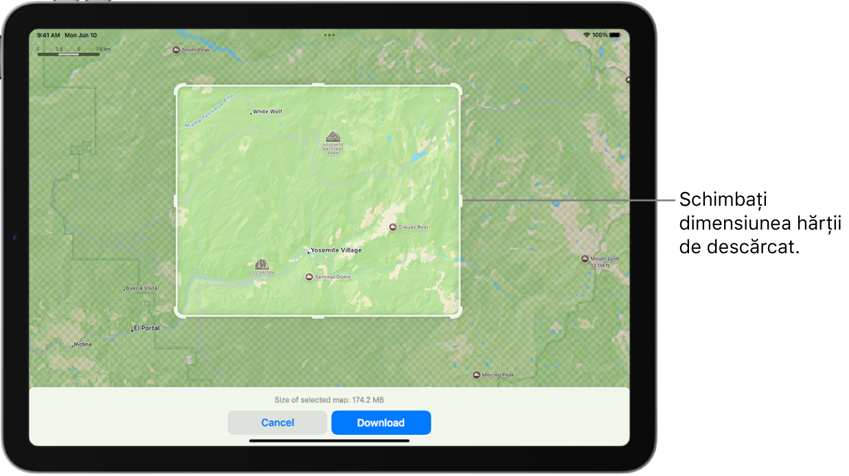 Un iPad cu harta unui parc național. Parcul este încadrat de un dreptunghi cu mânere, care pot fi mutate pentru a schimba dimensiunea hărții de descărcat. Dimensiunea de descărcare a hărții selectate este indicată în apropierea părții de jos a hărții. Butoanele Anulați și Descărcați se află în partea de jos a ecranului.