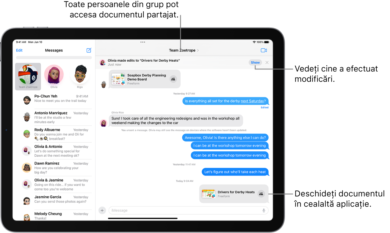 O conversație de grup în Mesaje incluzând o invitație la colaborare și actualizări în partea de sus a ferestrei conversației.