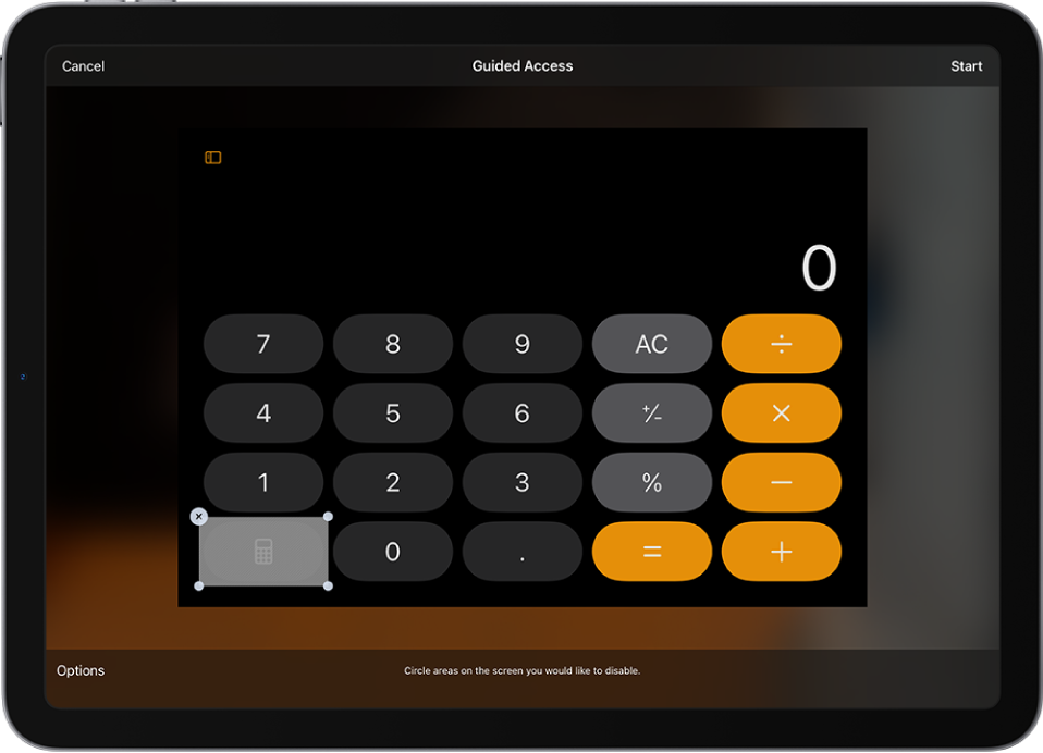 Ecranul unui iPad afișând modul Acces ghidat în curs de configurare. iPad-ul este blocat temporar doar în aplicația Calculator, iar unul dintre butoanele din aplicație a fost dezactivat.