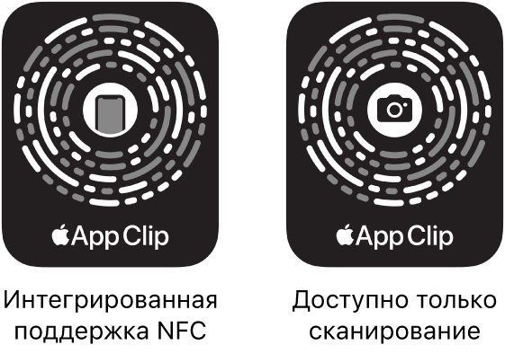 Слева показан код блиц-приложения, встроенный в NFC, со значком iPhone в центре. Слева показан код блиц-приложения, доступный только для сканирования, со значком камеры в центре.