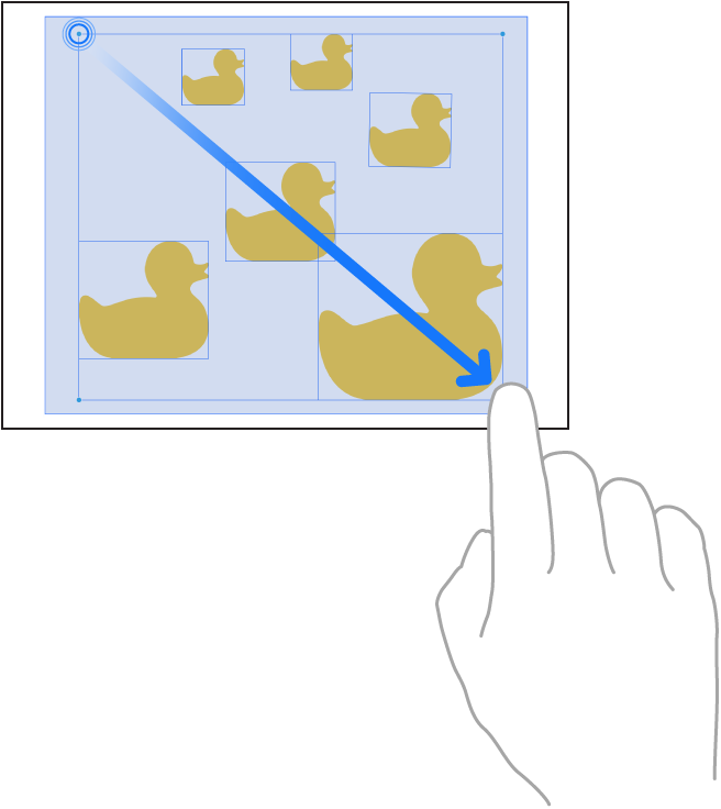 Выбор объектов перетягиванием пальца в приложении Freeform.