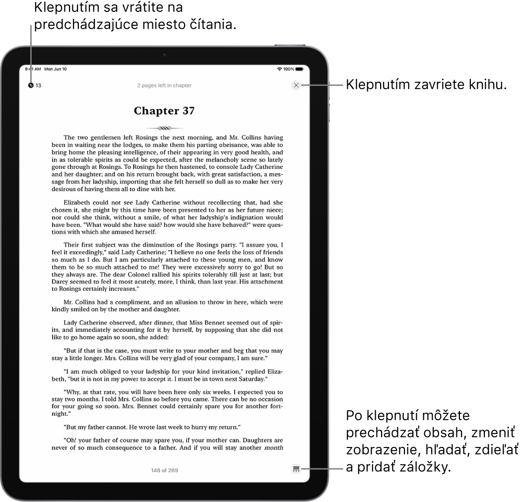 Strana knihy v apke Knihy. V hornej časti obrazovky sú tlačidlá na návrat na stranu, na ktorej ste začali čítať, a na zatvorenie knihy. V pravej dolnej časti obrazovky je tlačidlo Menu.