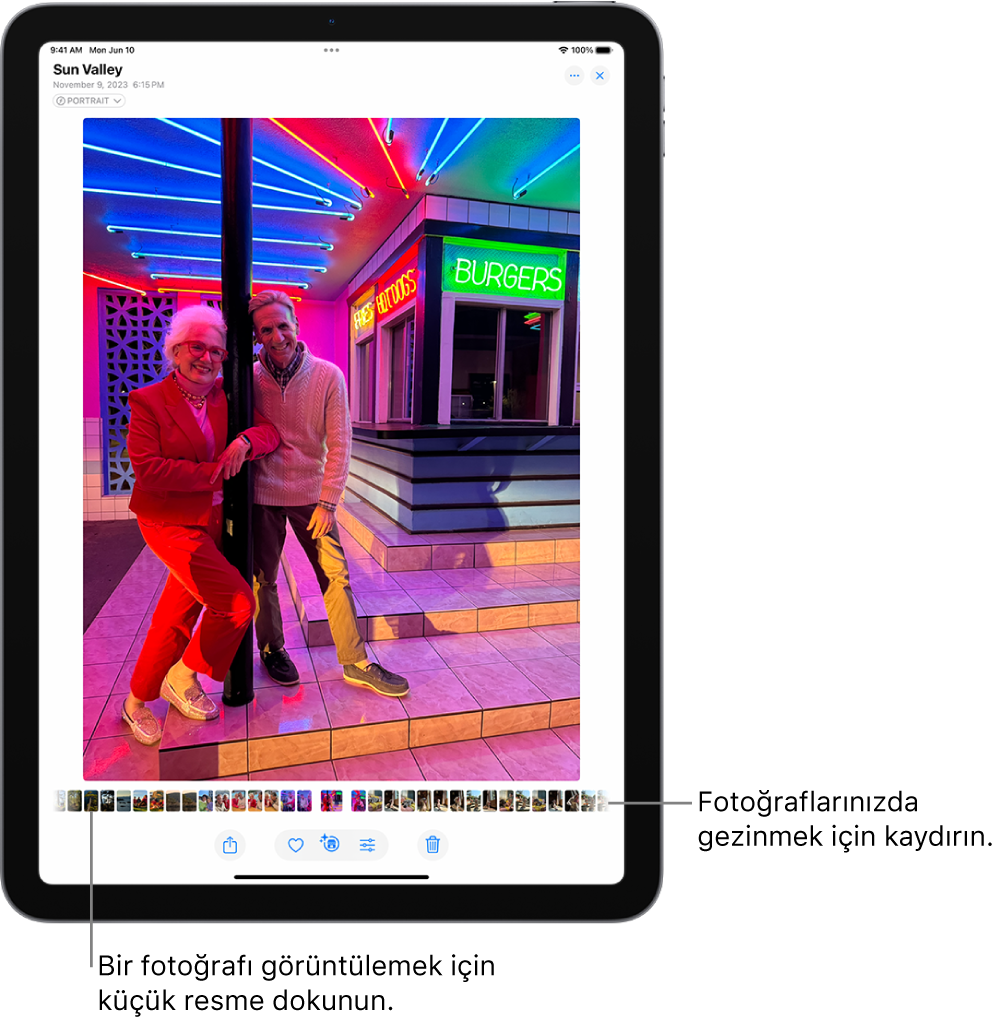 Fotoğraflar uygulaması tam ekran bir fotoğrafı gösteriyor. Ekranın en altında, arşivdeki diğer fotoğrafların küçük resimleri var.