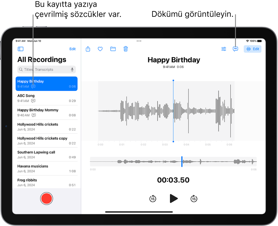 Sesli Notlar’da yapılmış bir kayıt. En üstte seçili kayıt olmak üzere kayıtların listesi sol tarafta. Sağ taraftaki dalga biçiminde, kayıtta belirli bir yere gitmek için sürükleyebileceğiniz bir oynatma çubuğu var. Dalga biçiminin üst tarafında Paylaş, Favorilere Ekle, Taşı, Sil, Çalma Ayarları, Döküm ve Düzenle düğmeleri bulunuyor. Zaman ekseninin altında Çalma denetimleri var.