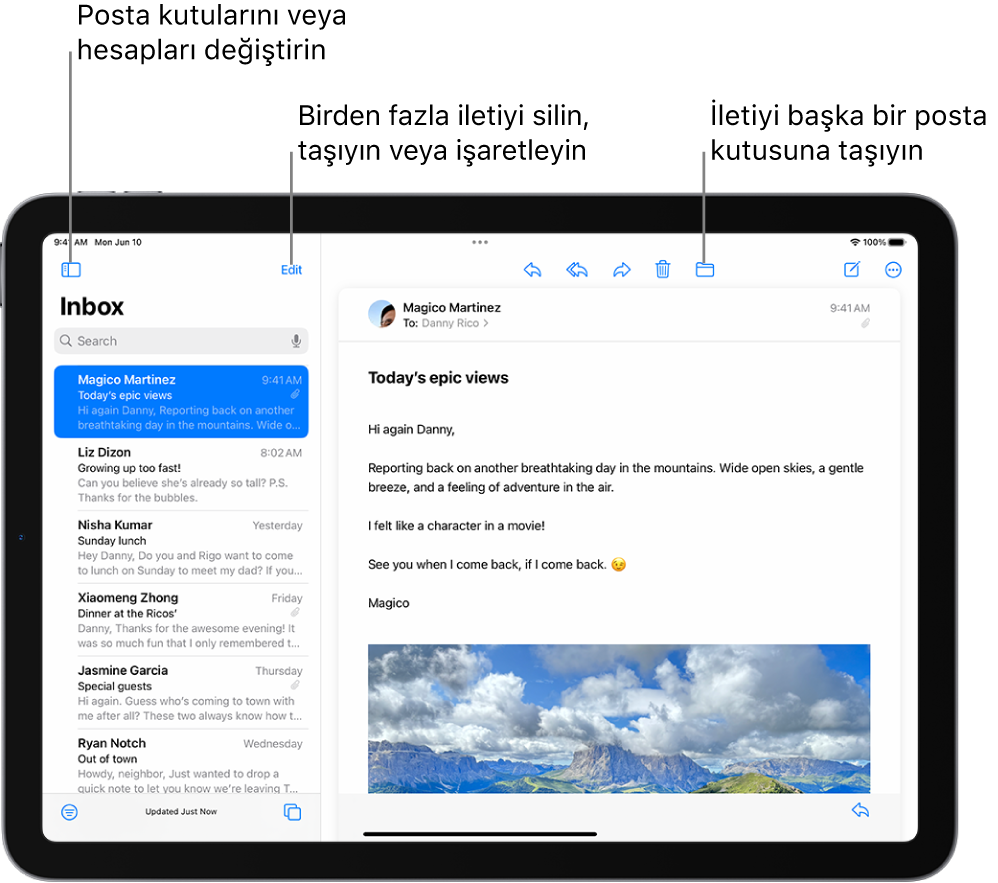 Solda e-posta listesi ve sağda açık bir e-posta ile Mail’in Gelen Kutusu.