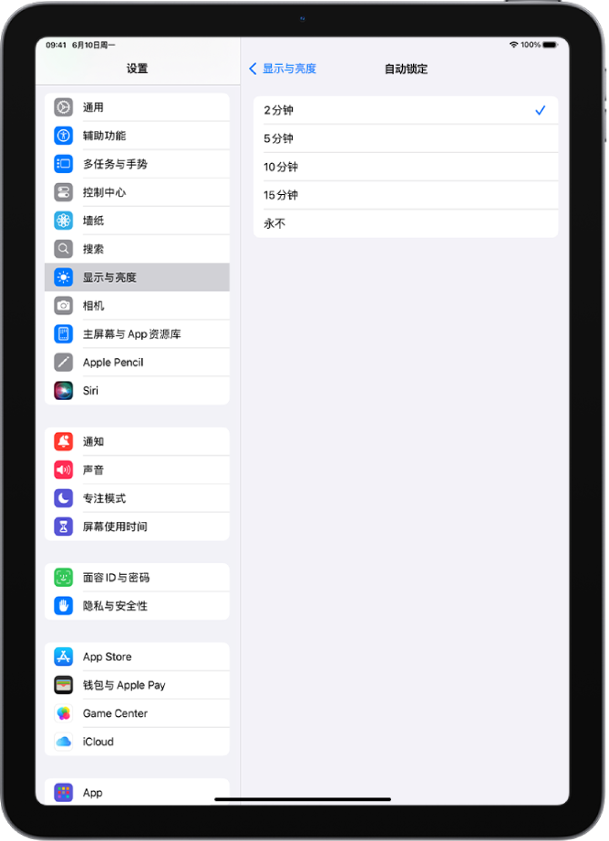 “自动锁定”屏幕，显示 iPad 自动锁定前等待时长的设置。