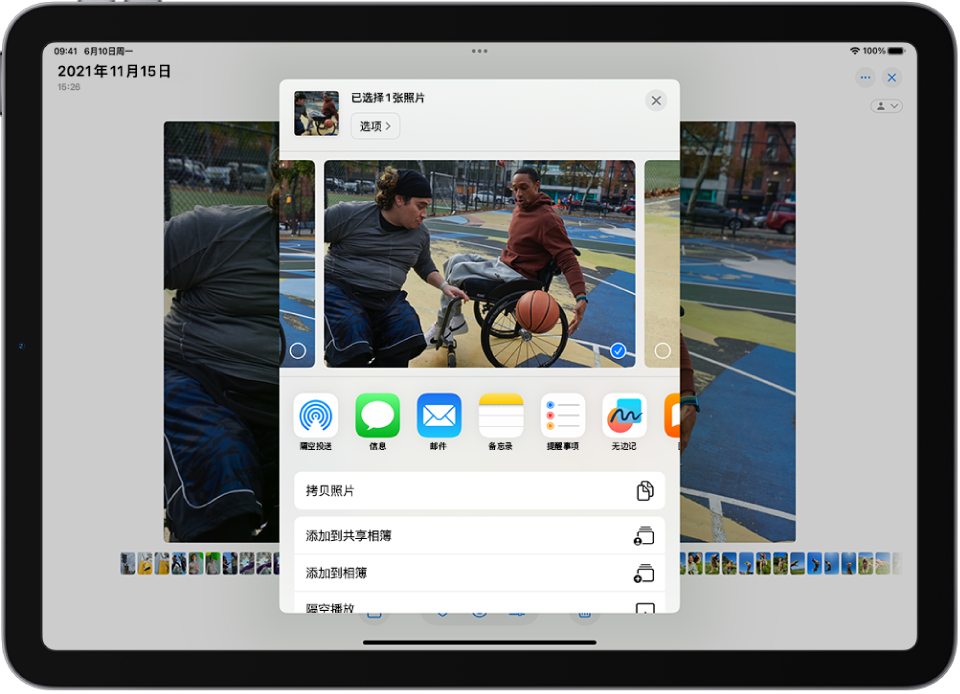 “照片” App 中打开了一张照片，共享选项显示在屏幕中间。