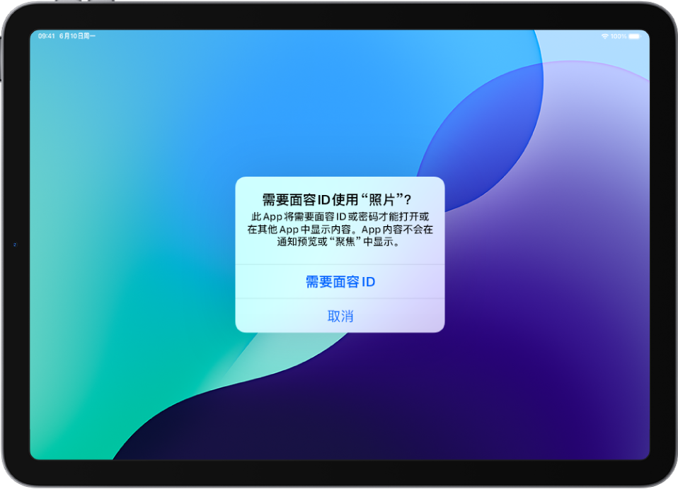 iPad 屏幕上的一则提醒显示需要面容 ID 打开“照片” App。