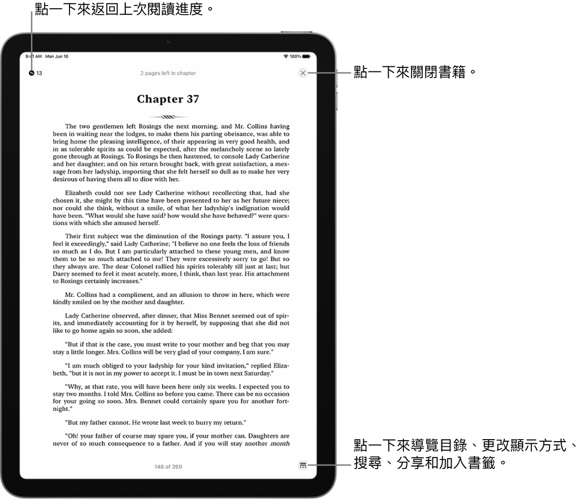 「書籍」App 中某本書的一頁。螢幕最上方按鈕，用於返回你開始閱讀的頁面和關閉書籍。螢幕右下方顯示「選單」按鈕。