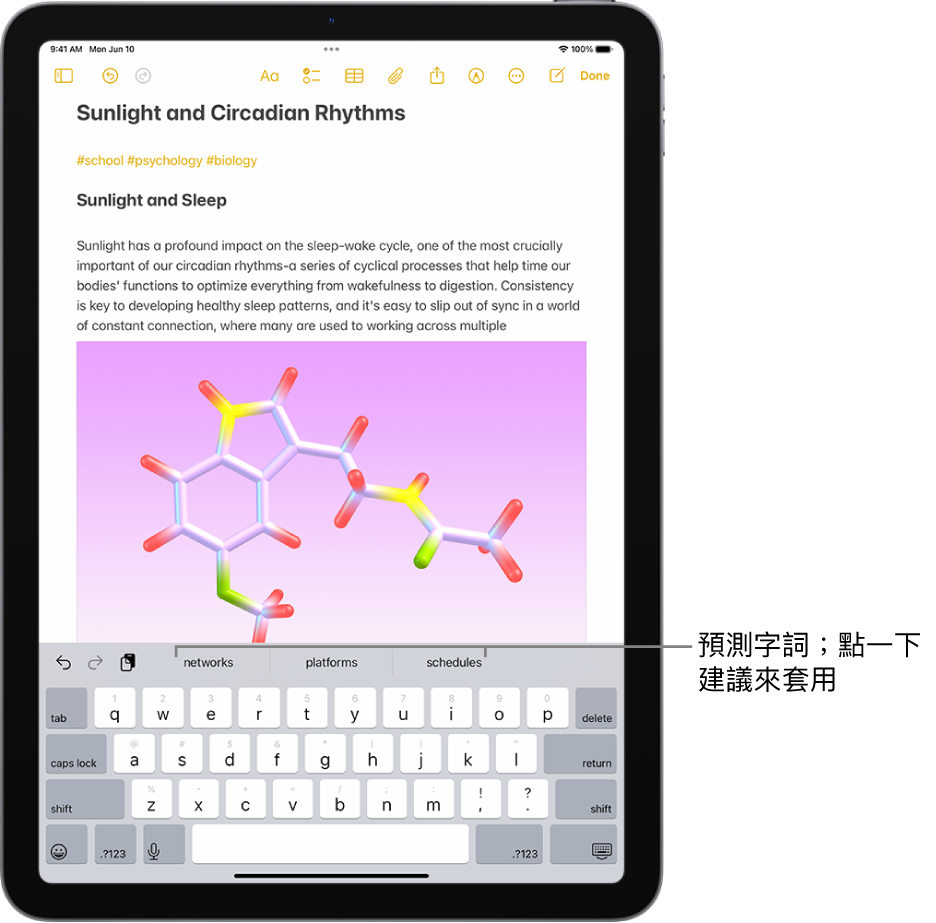 螢幕鍵盤在「備忘錄」App 中打開。在文字欄位中輸入文字，鍵盤上方是下一個字詞的預測文字建議。