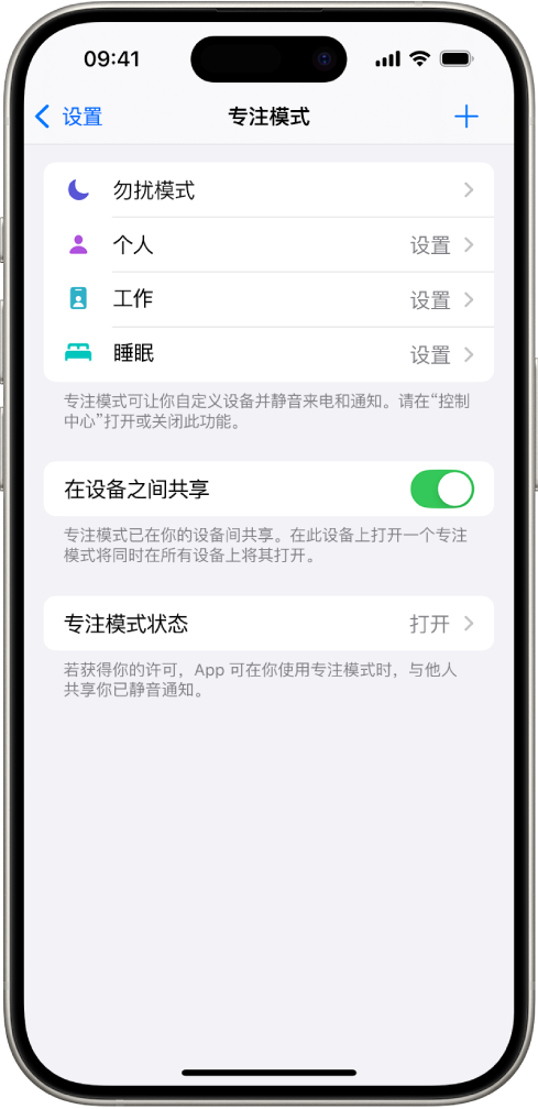 屏幕显示五个提供的专注模式选项：“勿扰模式”、“通话期间不收发信息”、“睡眠”、“个人”和“工作”。“在设备之间共享”选项已打开，可允许跨 Apple 设备使用相同的专注模式设置。