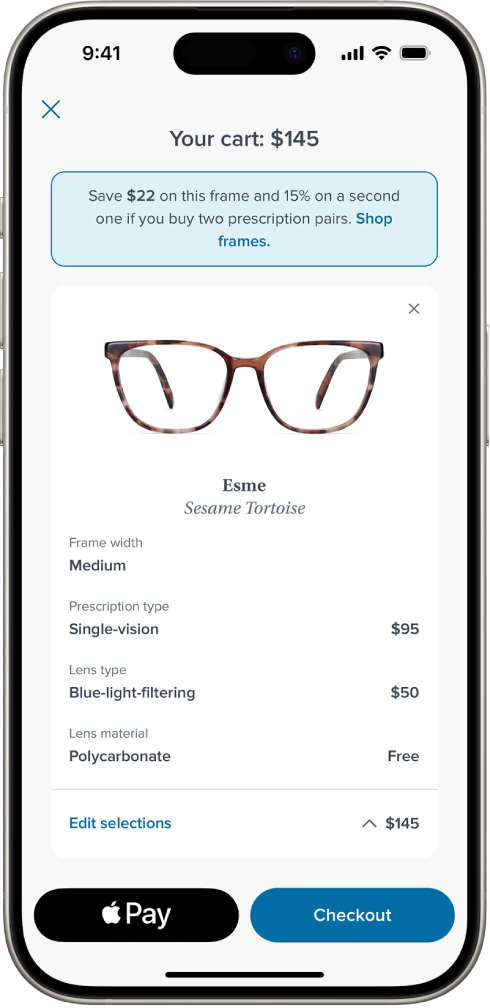 عربة التسوق الخاصة بتطبيق تعرض أسعار العناصر المحددة. يظهر زر Apple Pay في الجزء السفلي الأيمن.