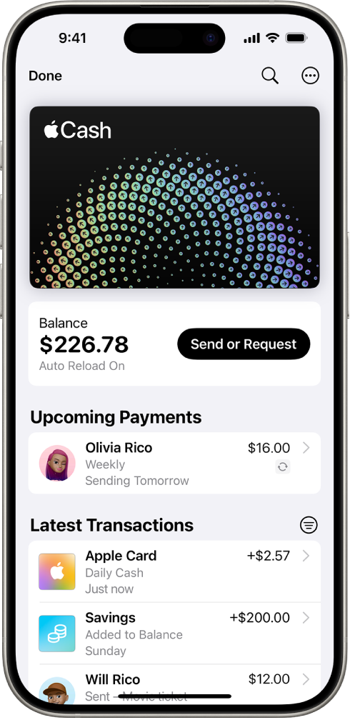 Картата Apple Cash в Портфейл, която показва бутона Още горе вдясно, текущия баланс и бутона Изпрати или Заяви в средата и последните транзакции в долната част на екрана.