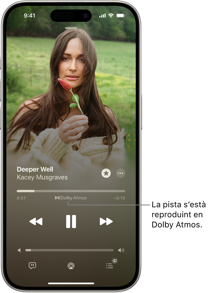 Pantalla “Ara sona” que mostra la icona “Dolby Atmos” a la pista que s’està reproduint.