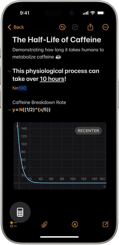 Una nota matemàtica és oberta a la calculadora, amb una variable declarada, una equació i una gràfica.