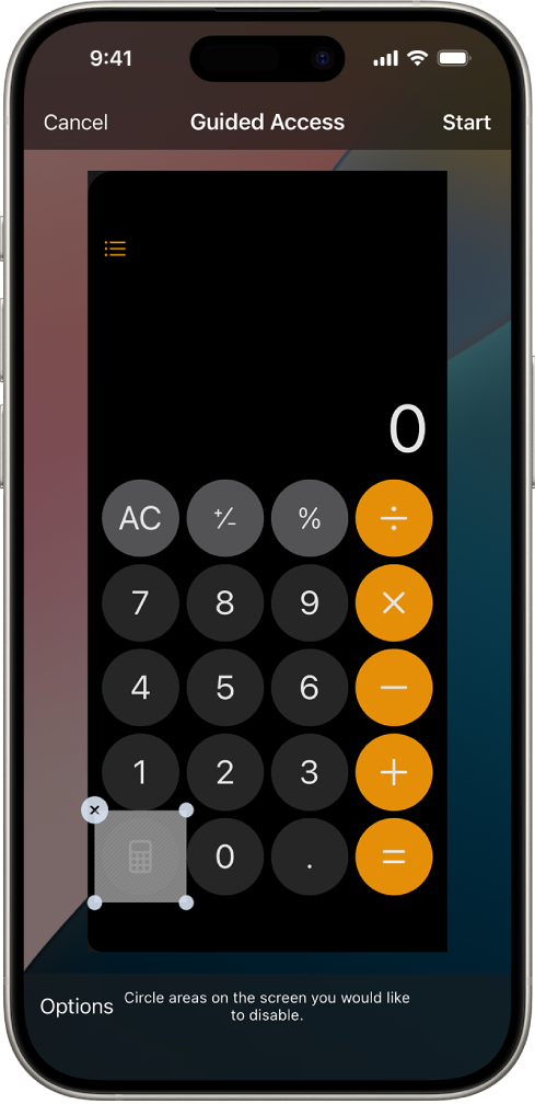 Una pantalla d’iPhone en què es mostra com es configura l’accés guiat. L’iPhone es bloqueja temporalment amb només l’app Calculadora i s’ha desactivat un dels botons de l’app.