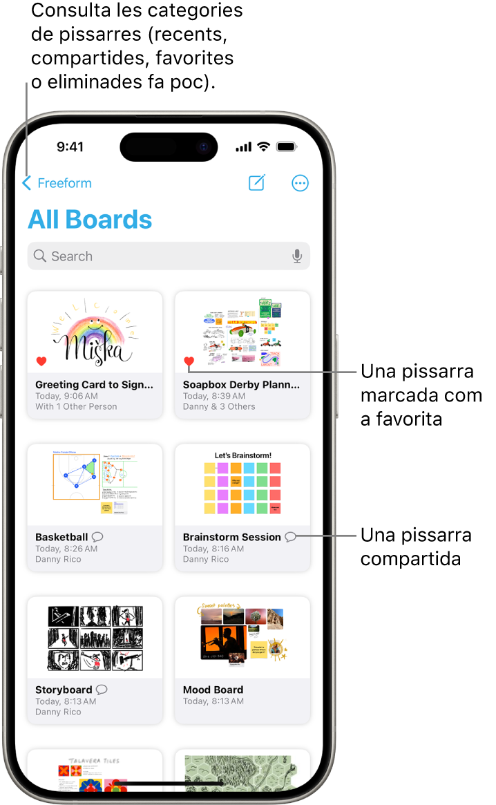 La pantalla “Totes les pissarres” del Freeform està oberta i s’hi mostren vuit pissarres en miniatura.