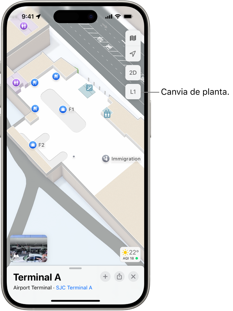 Mapa de l’interior d’una terminal de l’aeroport. Els ítems inclouen un punt de control d’immigració, escales, lavabos i primers auxilis. Pots canviar entre els nivells de mapes amb diferents pisos amb el botó denominat “L1” (que vol dir “level 1”, “nivell 1” en anglès).