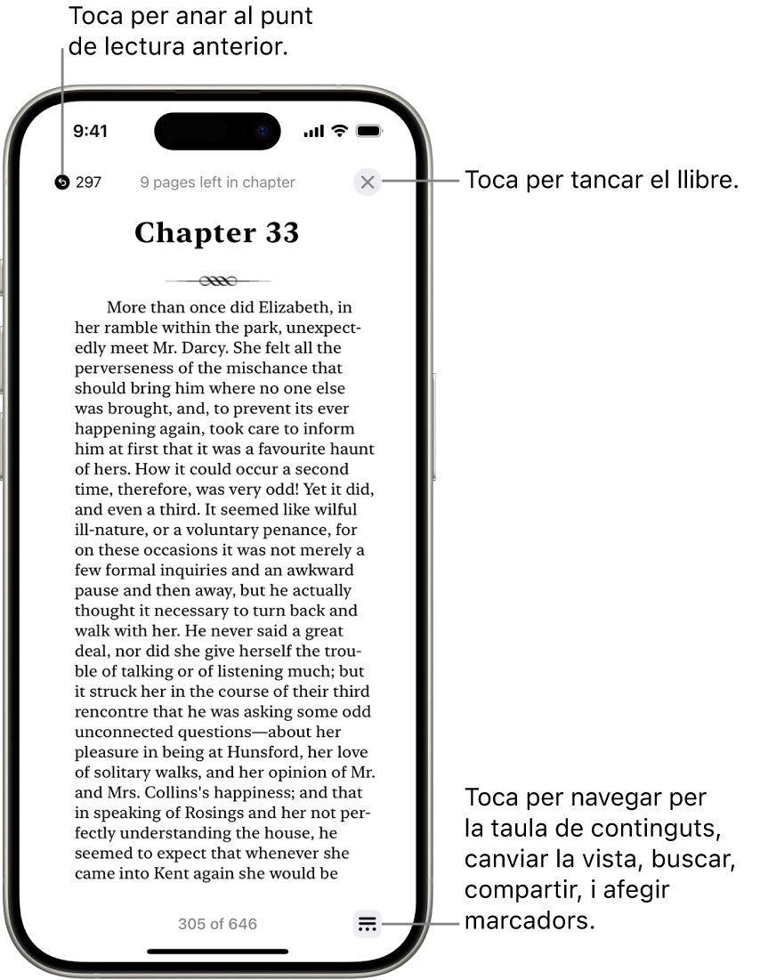 Pàgina d’un llibre a l’app Llibres. A la part superior de la pantalla hi ha els botons per tornar a la pàgina on has començat a llegir i per tancar el llibre. A la part inferior dreta de la pantalla, hi ha el botó “Menú”.