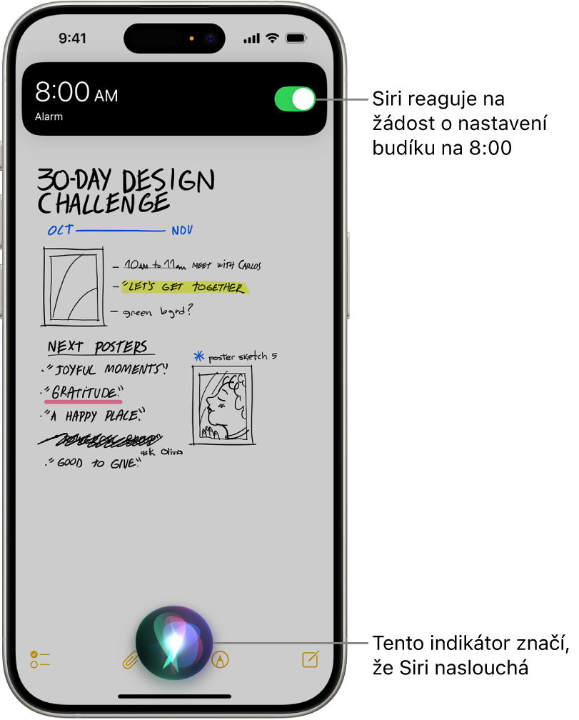 Obrazovka iPhonu. V horní části obrazovky je vidět oznámení z aplikace Hodiny, že je nastavený budík na 8:00. Ikona dole na obrazovce ukazuje, že Siri naslouchá