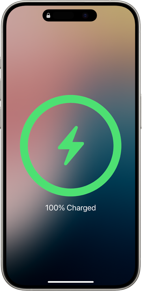 En iPhone-skærm, der viser, at batteriet er opladet 100 %.