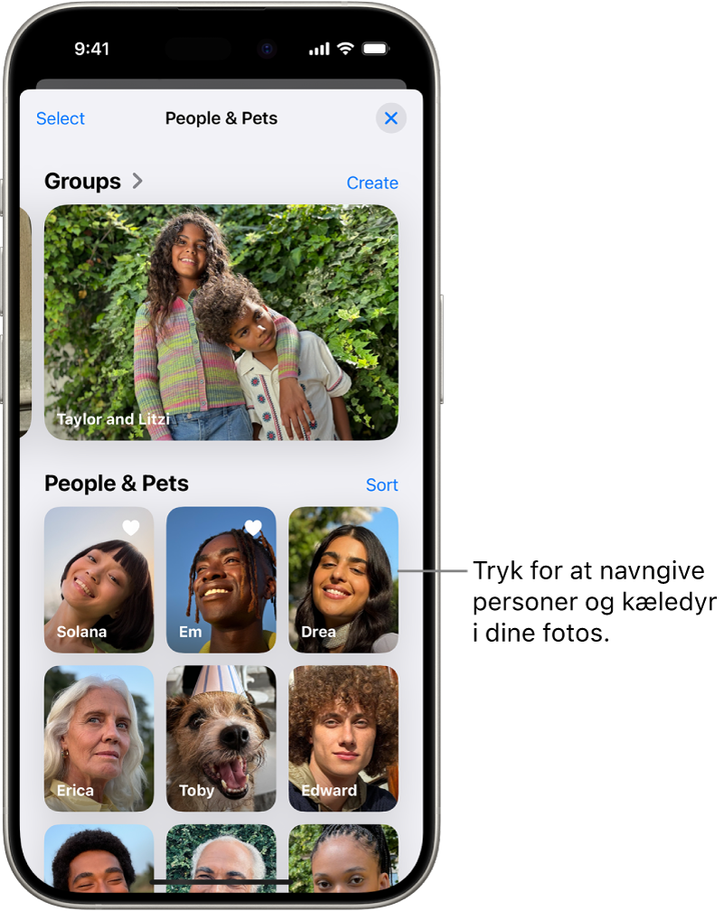 Samlingen Personer og kæledyr i appen Fotos. Grupper vises øverst, og personer og kæledyr vises derunder.