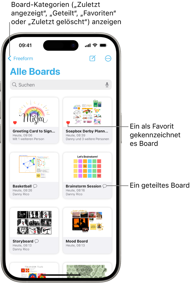 Der Freeform-Bildschirm „Alle Boards“ ist geöffnet und zeigt acht Board-Miniaturen an.