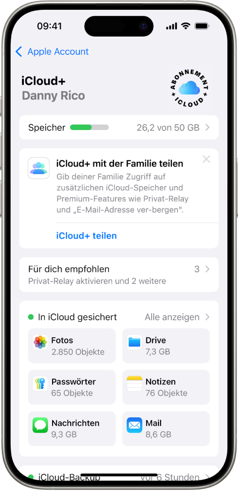 Bildschirm mit den iCloud-Einstellungen mit der Nutzungsanzeige für den iCloud-Speicher und einer Liste von Apps und Funktionen, die mit iCloud verwendet werden können.