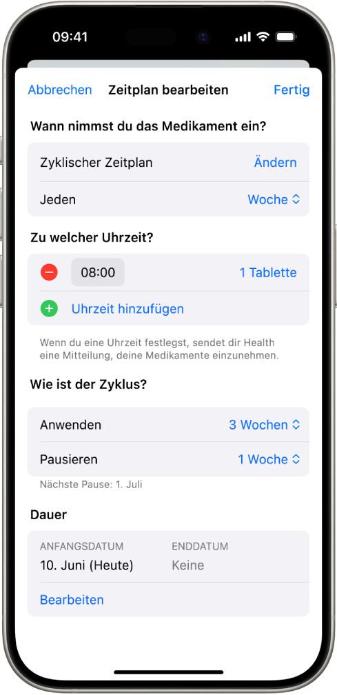 Der Bildschirm „Medikamente“ in der App „Health“ mit Optionen zum Ändern des Zeitplans für die Medikamenteneinnahme.