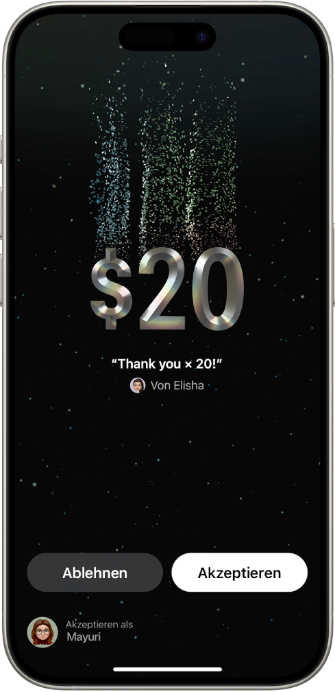 Der Bildschirm „Tap to Cash“ in der App „Wallet“. Er zeigt eine Übertragung von 20 $ und unten die Tasten „Ablehnen“ und „Akzeptieren“.