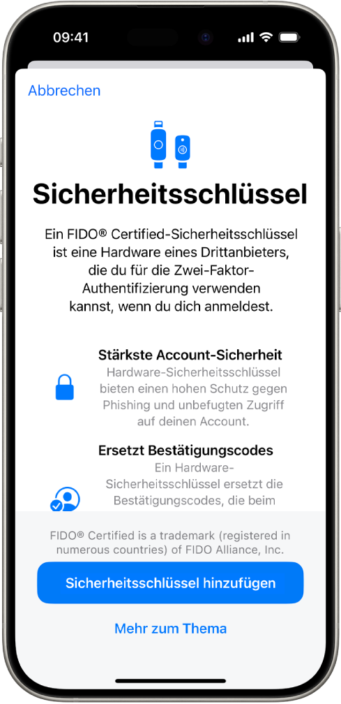 Der Willkommensbildschirm „Sicherheitsschlüssel“ Unten im Bildschirm befinden sich die Taste „Sicherheitsschlüssel hinzufügen“ und ein Link „Weitere Infos“. Darüber erscheint die Beschreibung der Vorteile, die Sicherheitsschlüssel besitzen.