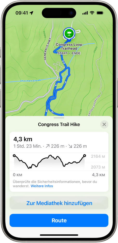 Eine Übersicht einer ladbaren Wanderung mit Distanz, Höhenprofil, geschätzter Dauer und Optionen zum Sichern oder Erhalten einer Wegbeschreibung zum Startpunkt der Wanderung.