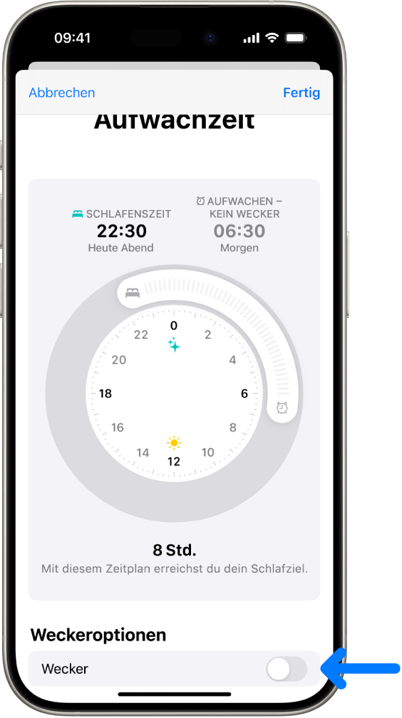 Der Bildschirm „Nur nächste Aufwachzeit“ in der App „Health mit der deaktivierten Option „Wecker“ unten.