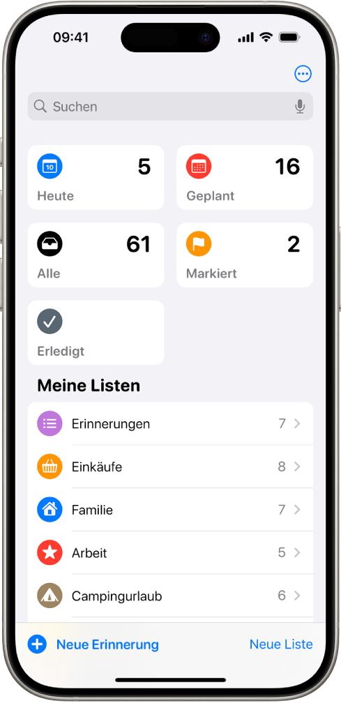 Ein Bildschirm „Erinnerungen“ mit intelligenten Listen oben. Darunter sind normale Listen zu sehen.
