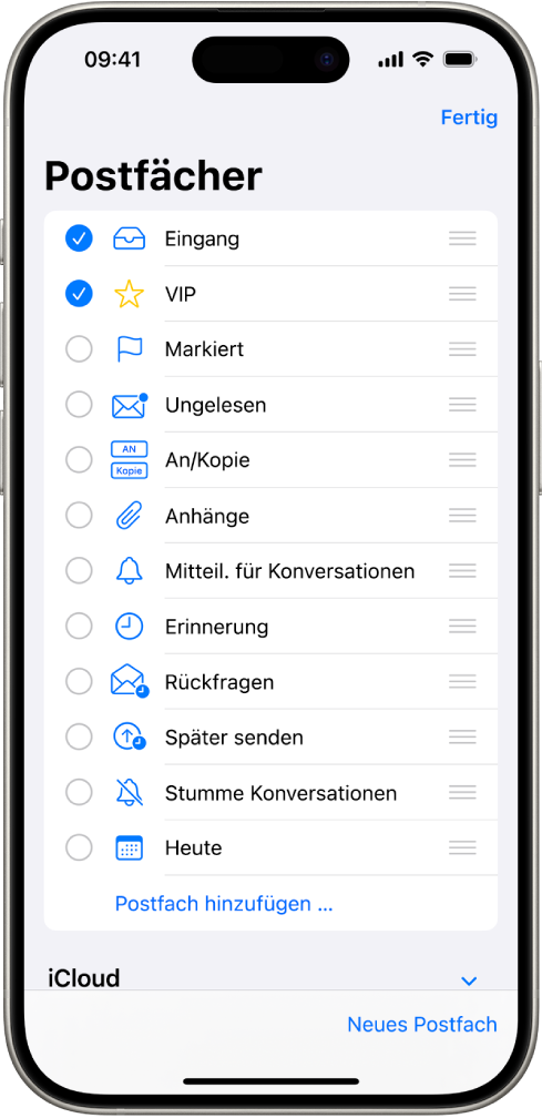 Der Bearbeitungsbildschirm „Postfächer“. Von oben nach unten sind optionale Postfächer mit Markierungsfeldern links neben jeder Option aufgelistet. Unten rechts auf dem Bildschirm befindet sich die Taste „Neues Postfach“.