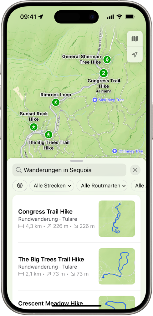 Die App „Karten“ zeigt Ergebnisse, die zu einer Suche nach Wanderungen in einem Nationalpark passen.