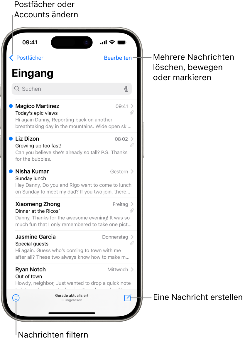 Der Posteingang der App „Mail“ mit einer Liste von E-Mails.