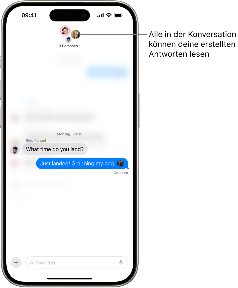 In einer Gruppenkonversation in der App „Nachrichten“ wird eine Inline-Antwort erstellt. Oben auf dem Bildschirm werden Symbole für die Personen in der Gruppe angezeigt. Die Bildschirmtastatur befindet sich in der unteren Bildschirmhälfte. Der größte Teil der Nachrichten in der Konversation wird unscharf dargestellt, mit Ausnahme des Textteils, auf den mit einer Inline-Antwort geantwortet wird.