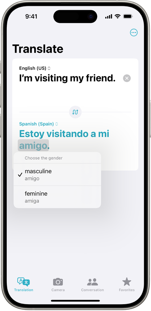 The Translation tab, showing a translated phrase from English to Spanish, and a word highlighted in gray with different gender variations listed below.